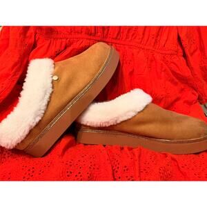 JOY slip on shoes / slippers saddle brown faux fur lined toes to heel ORTHOTIC